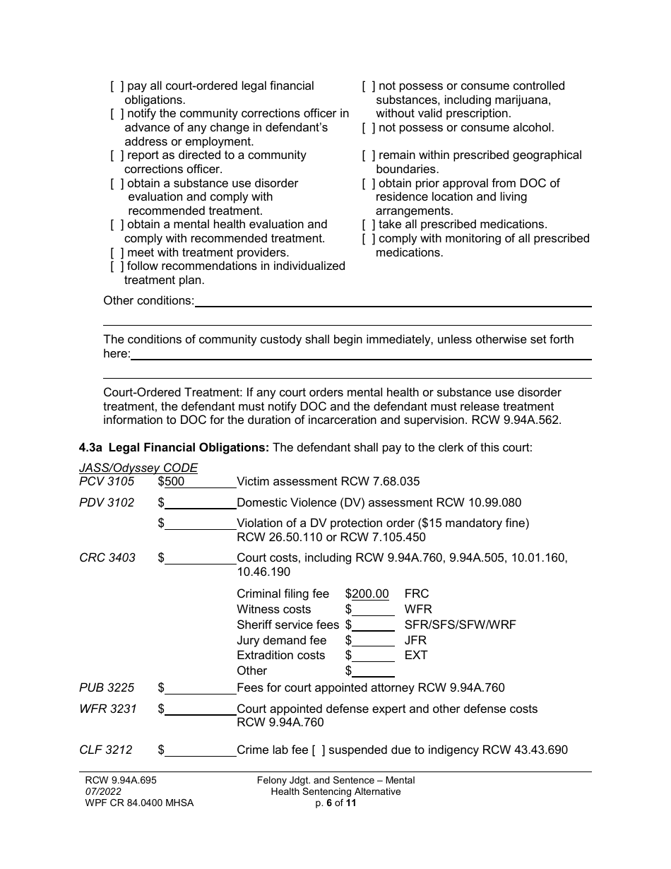 Form WPF CR84.0400 MHSA Felony Judgment and Sentence - Mental Health Sentencing Alternative - Washington, Page 6