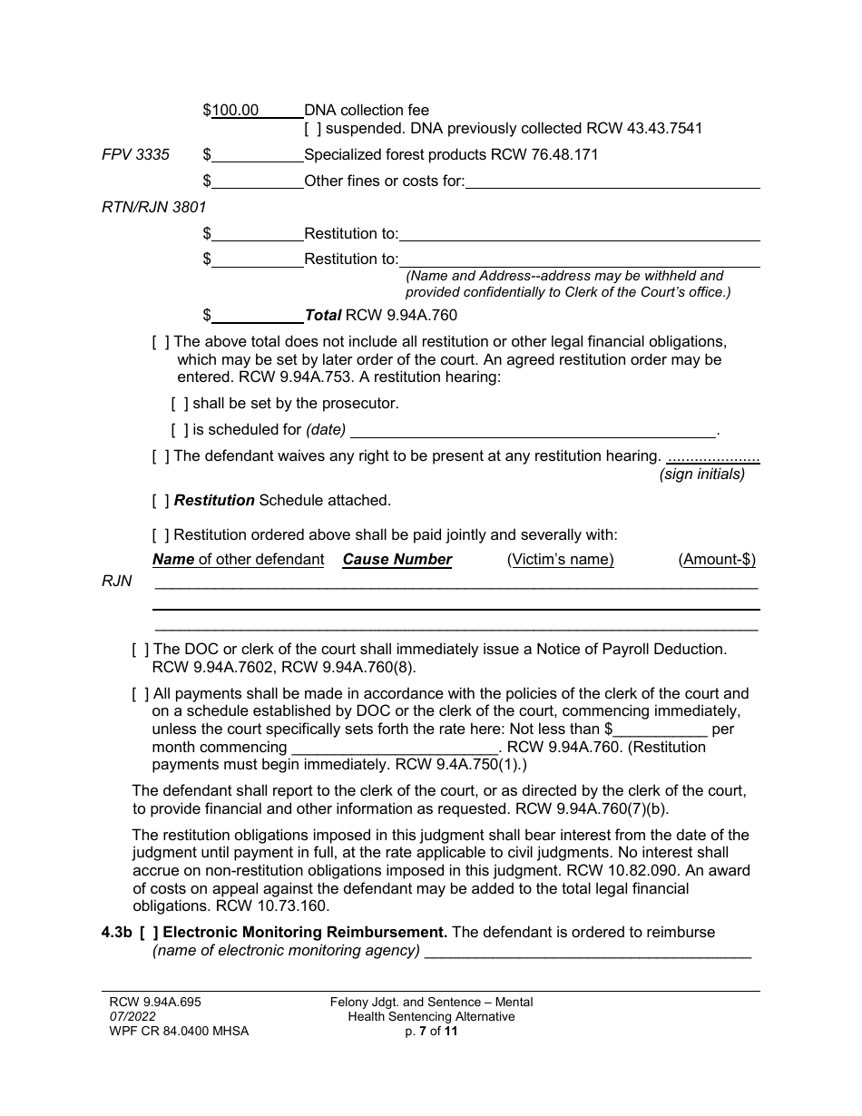 Form WPF CR84.0400 MHSA Felony Judgment and Sentence - Mental Health Sentencing Alternative - Washington, Page 7