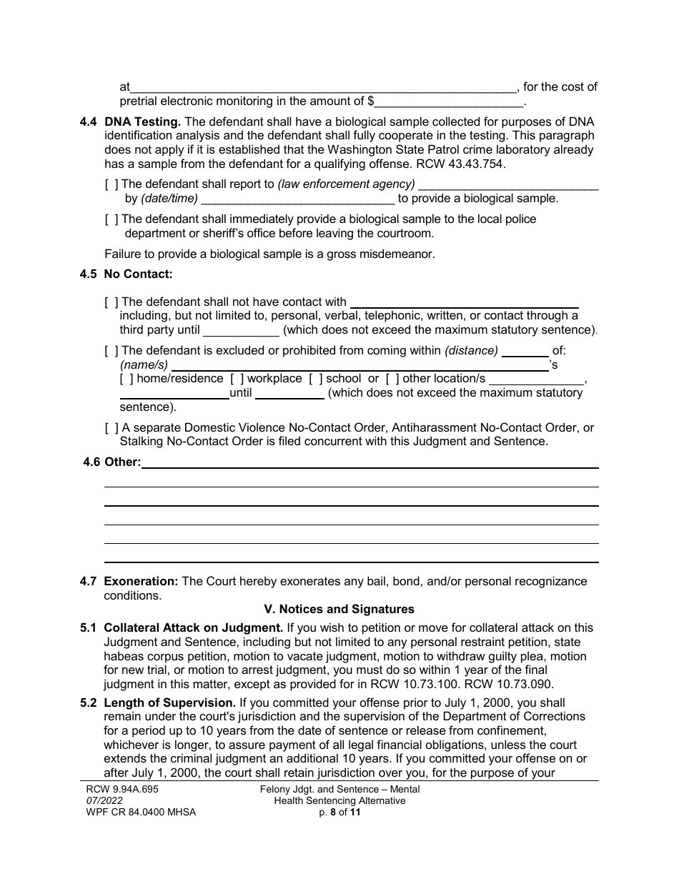 Form WPF CR84.0400 MHSA Felony Judgment and Sentence - Mental Health Sentencing Alternative - Washington, Page 8