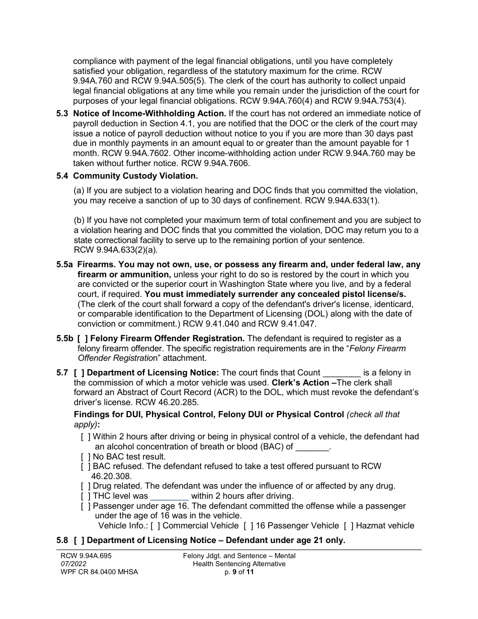 Form WPF CR84.0400 MHSA Felony Judgment and Sentence - Mental Health Sentencing Alternative - Washington, Page 9