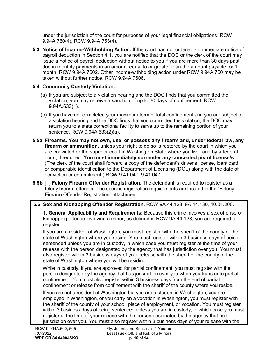 Form WPF CR84.0400 JSKO Felony Judgment and Sentence - Jail One Year or Less (Sex Offense and Kidnapping of a Minor) - Washington, Page 10