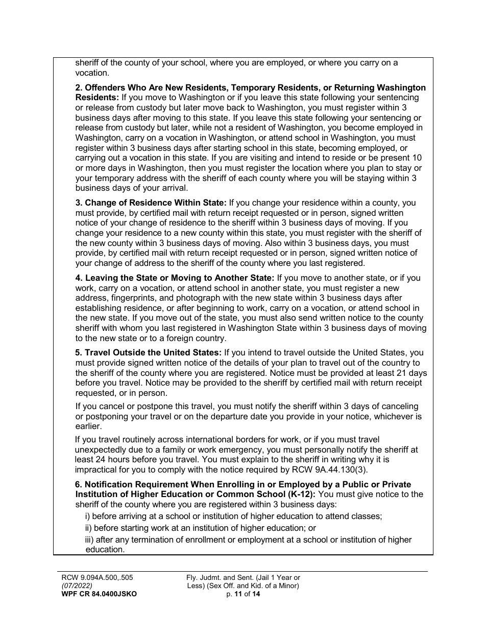 Form WPF CR84.0400 JSKO Felony Judgment and Sentence - Jail One Year or Less (Sex Offense and Kidnapping of a Minor) - Washington, Page 11