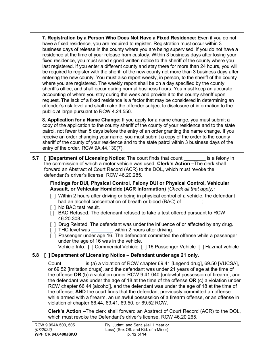 Form WPF CR84.0400 JSKO Felony Judgment and Sentence - Jail One Year or Less (Sex Offense and Kidnapping of a Minor) - Washington, Page 12
