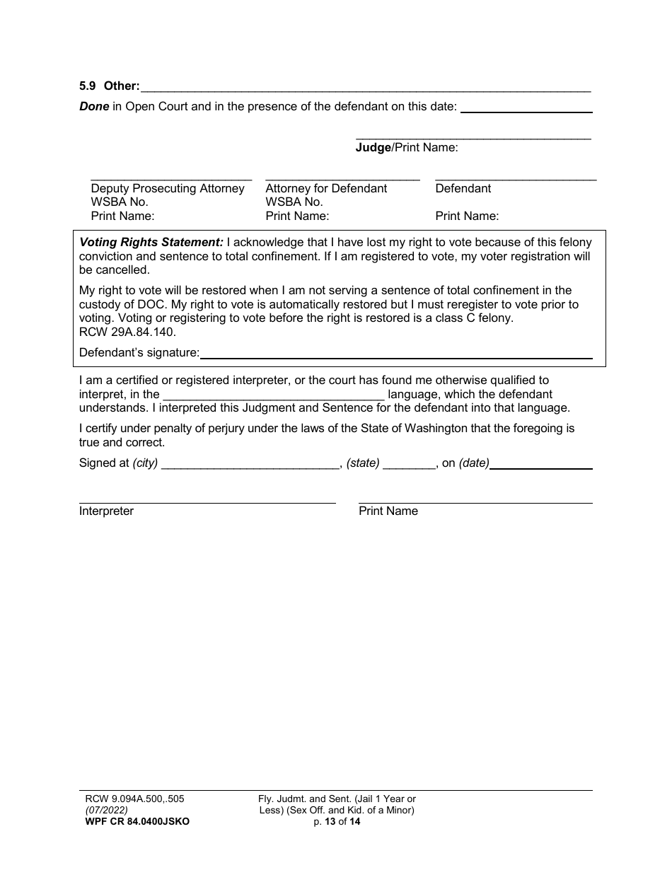Form WPF CR84.0400 JSKO Felony Judgment and Sentence - Jail One Year or Less (Sex Offense and Kidnapping of a Minor) - Washington, Page 13