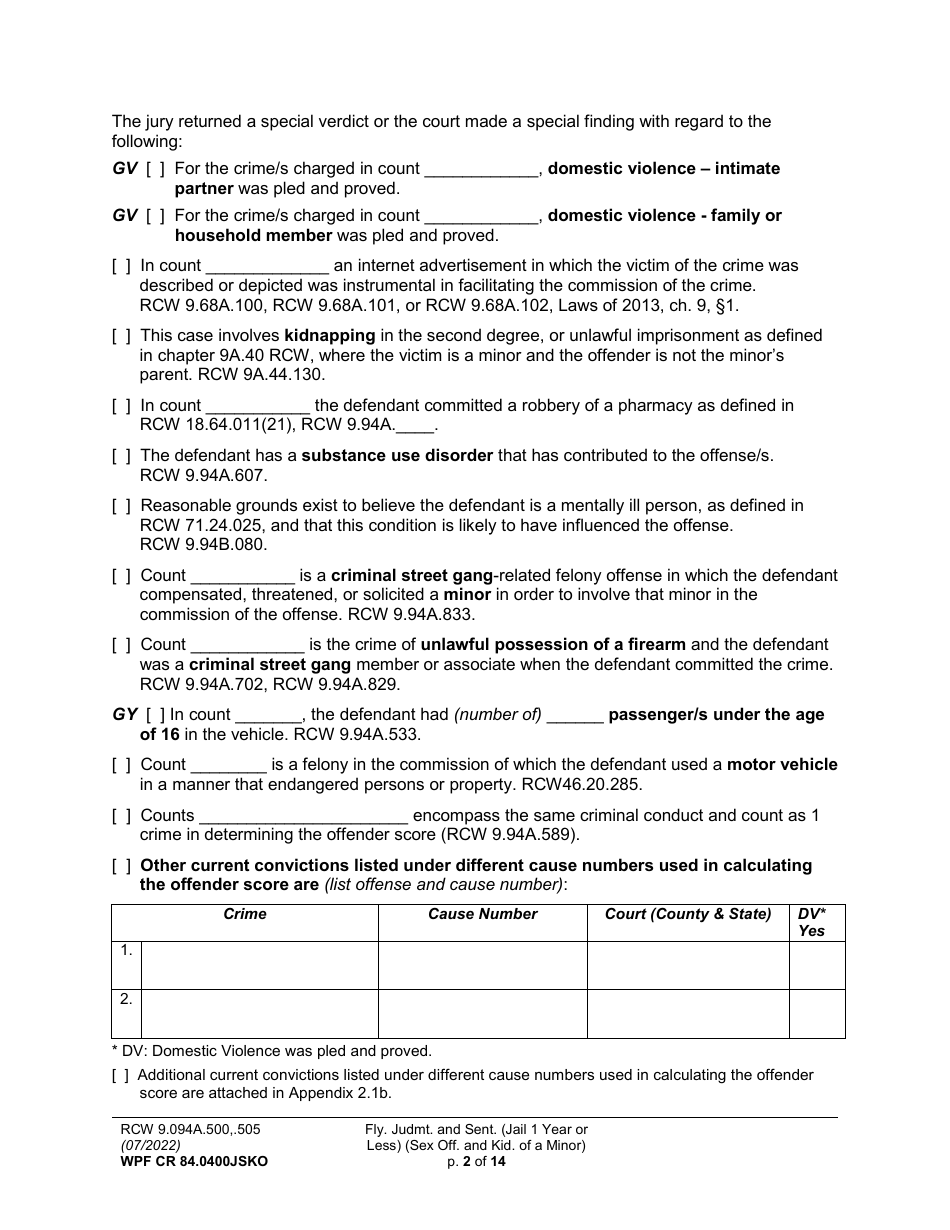 Form WPF CR84.0400 JSKO Felony Judgment and Sentence - Jail One Year or Less (Sex Offense and Kidnapping of a Minor) - Washington, Page 2