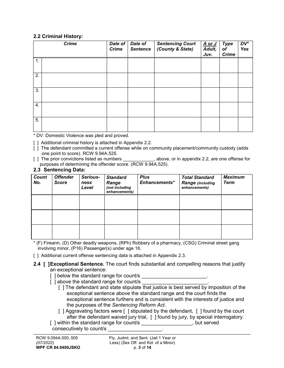Form WPF CR84.0400 JSKO Felony Judgment and Sentence - Jail One Year or Less (Sex Offense and Kidnapping of a Minor) - Washington, Page 3