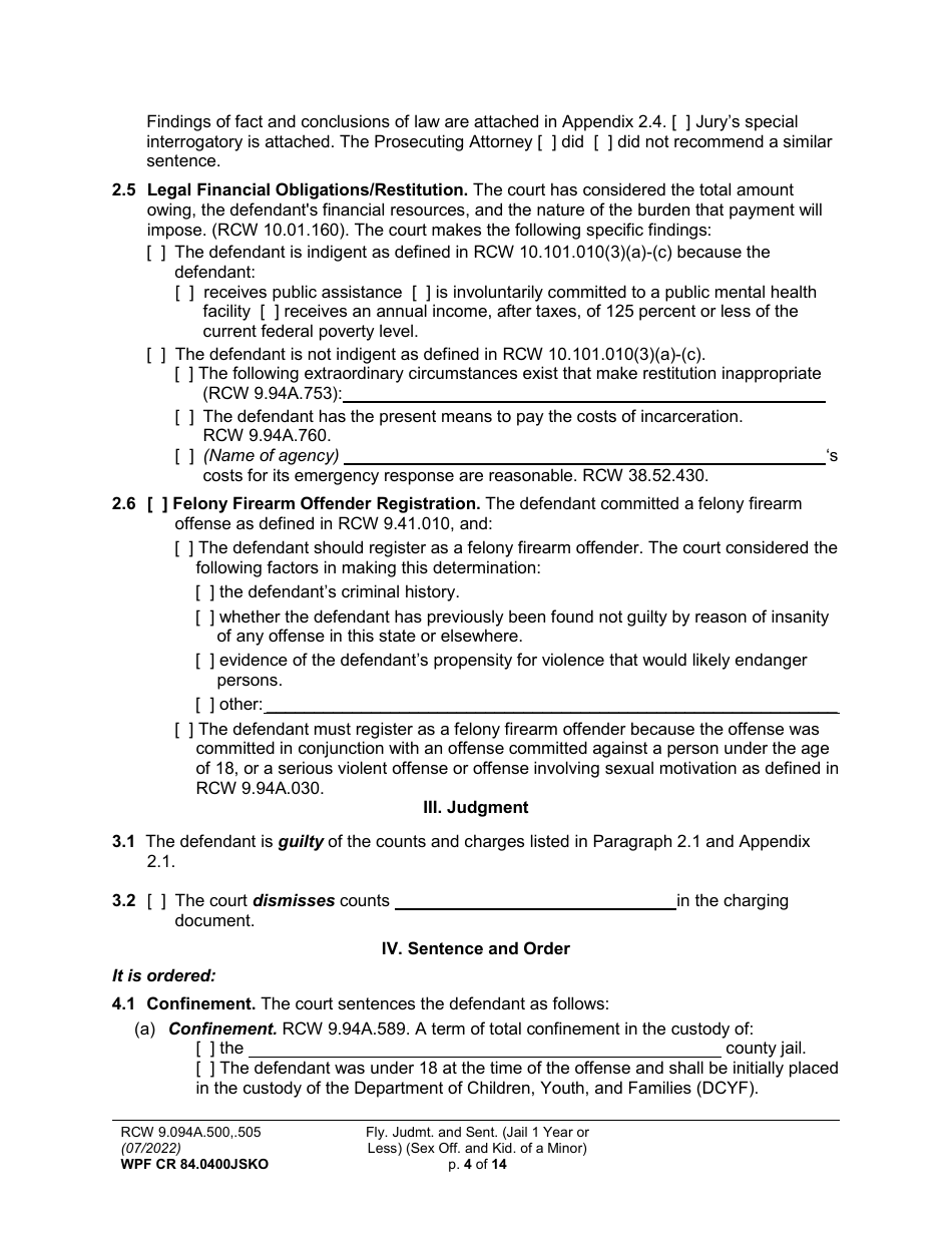 Form WPF CR84.0400 JSKO Felony Judgment and Sentence - Jail One Year or Less (Sex Offense and Kidnapping of a Minor) - Washington, Page 4