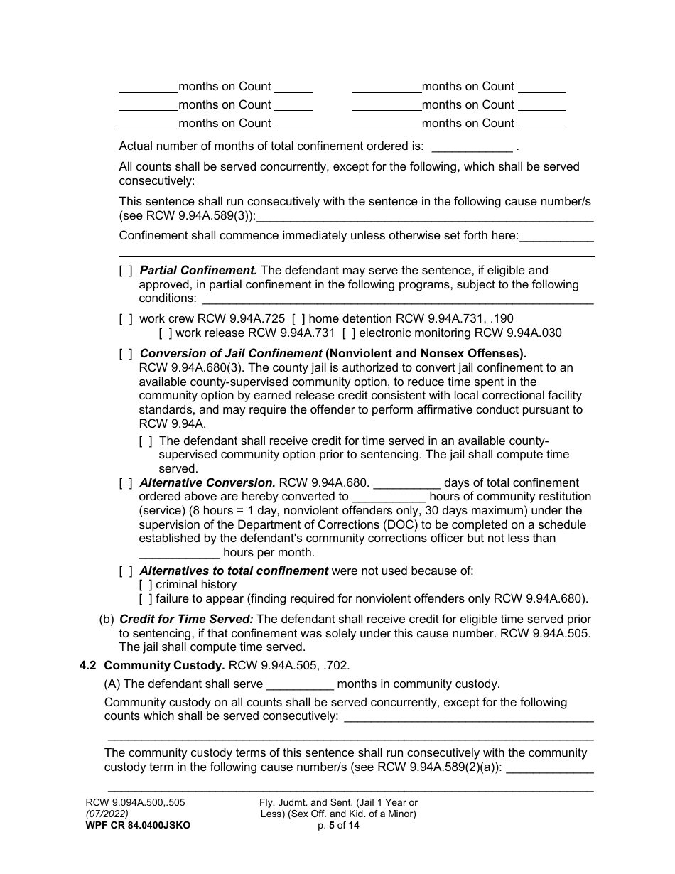 Form WPF CR84.0400 JSKO Felony Judgment and Sentence - Jail One Year or Less (Sex Offense and Kidnapping of a Minor) - Washington, Page 5