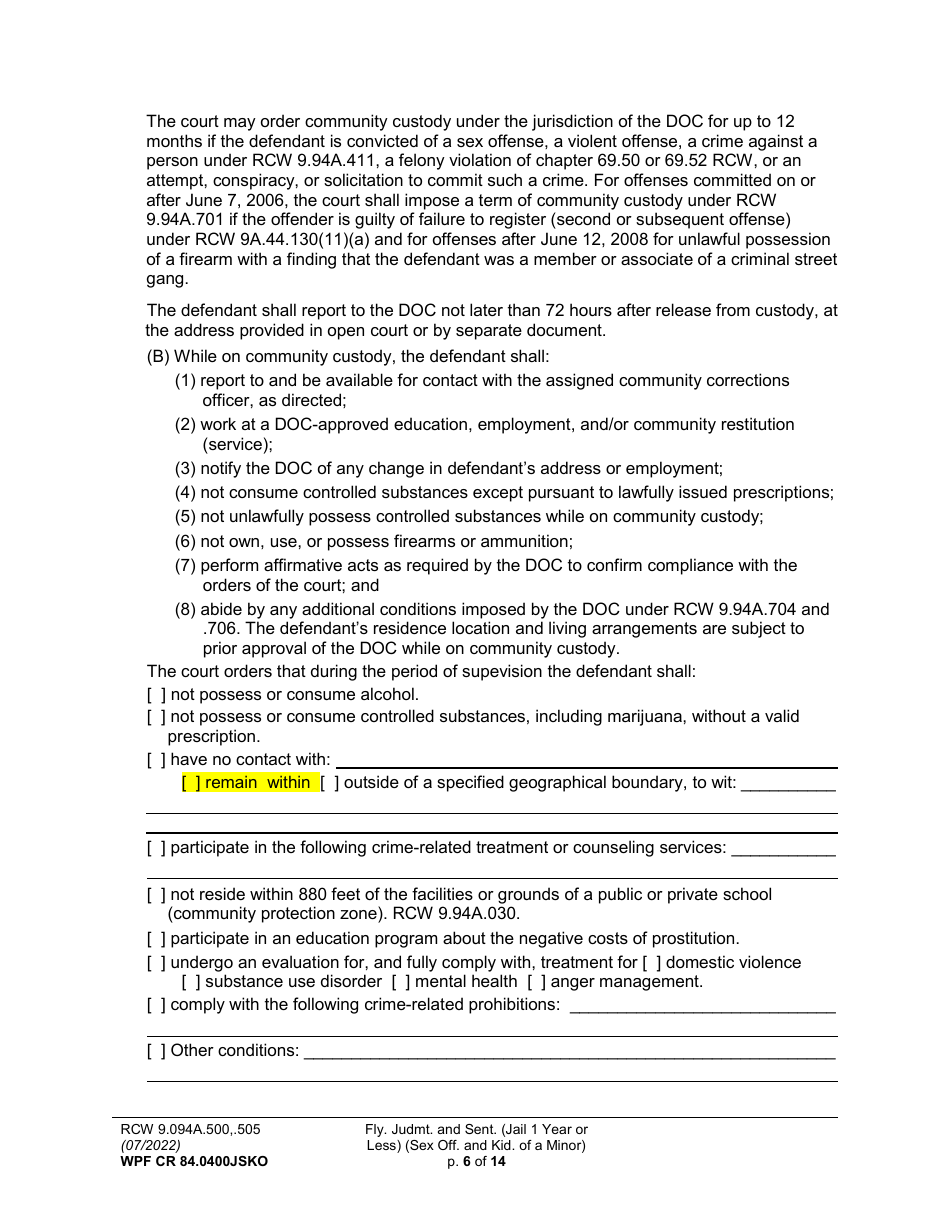 Form WPF CR84.0400 JSKO Felony Judgment and Sentence - Jail One Year or Less (Sex Offense and Kidnapping of a Minor) - Washington, Page 6