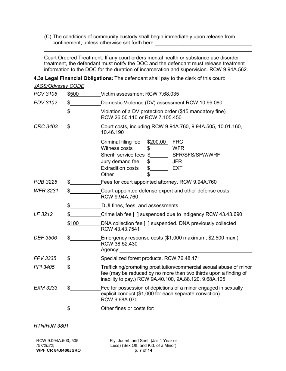 Form WPF CR84.0400 JSKO Felony Judgment and Sentence - Jail One Year or Less (Sex Offense and Kidnapping of a Minor) - Washington, Page 7