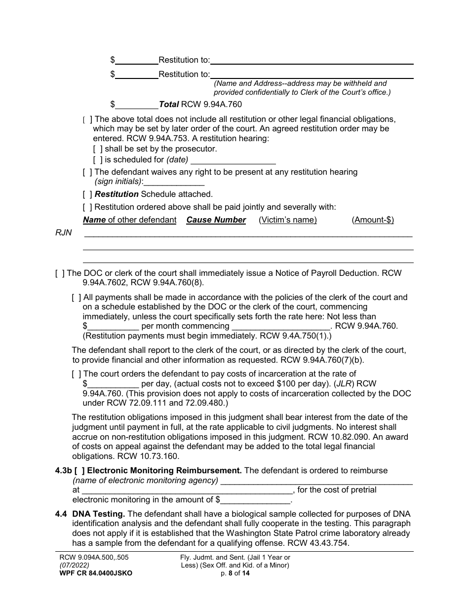 Form WPF CR84.0400 JSKO Felony Judgment and Sentence - Jail One Year or Less (Sex Offense and Kidnapping of a Minor) - Washington, Page 8