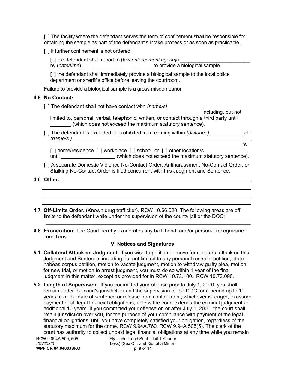 Form WPF CR84.0400 JSKO Felony Judgment and Sentence - Jail One Year or Less (Sex Offense and Kidnapping of a Minor) - Washington, Page 9