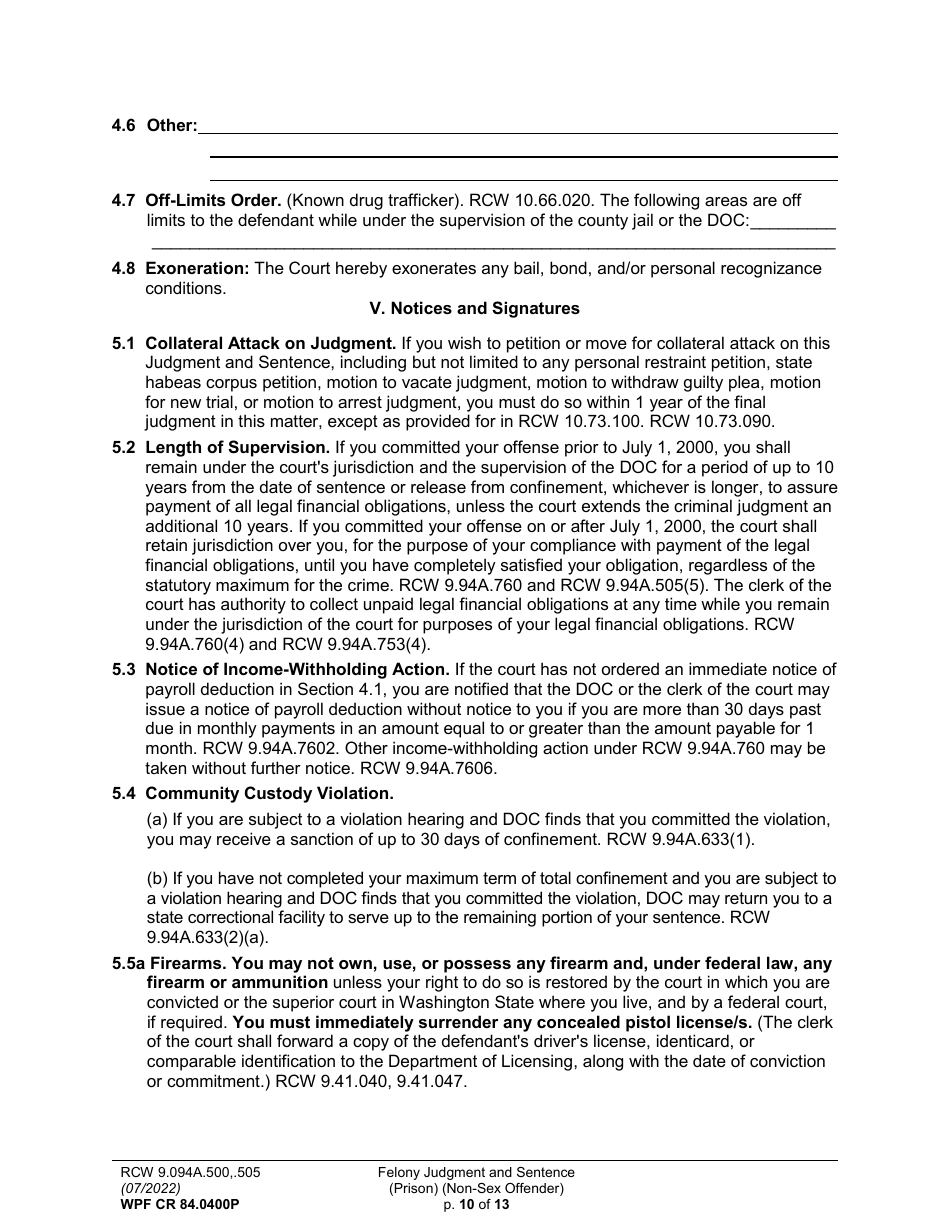 Form WPF CR84.0400 P Felony Judgment and Sentence - Prison (Non-sex Offense) - Washington, Page 10
