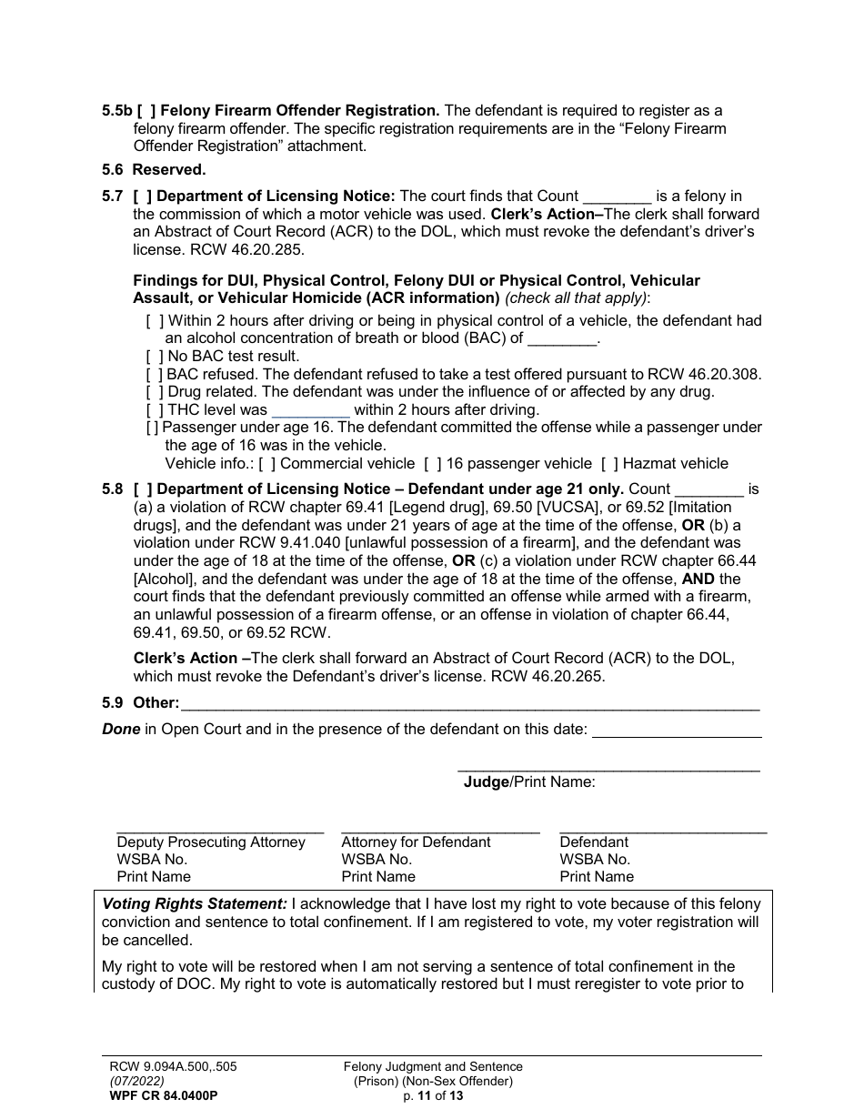 Form WPF CR84.0400 P Felony Judgment and Sentence - Prison (Non-sex Offense) - Washington, Page 11