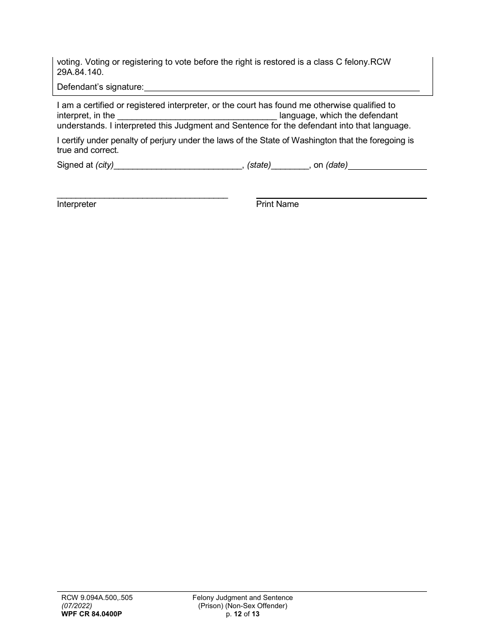 Form WPF CR84.0400 P Felony Judgment and Sentence - Prison (Non-sex Offense) - Washington, Page 12