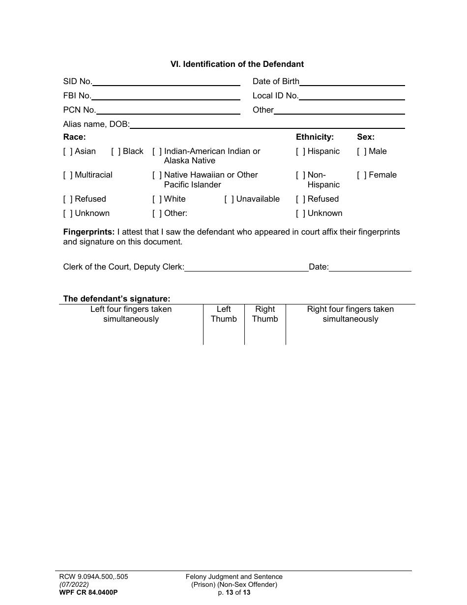 Form WPF CR84.0400 P Felony Judgment and Sentence - Prison (Non-sex Offense) - Washington, Page 13