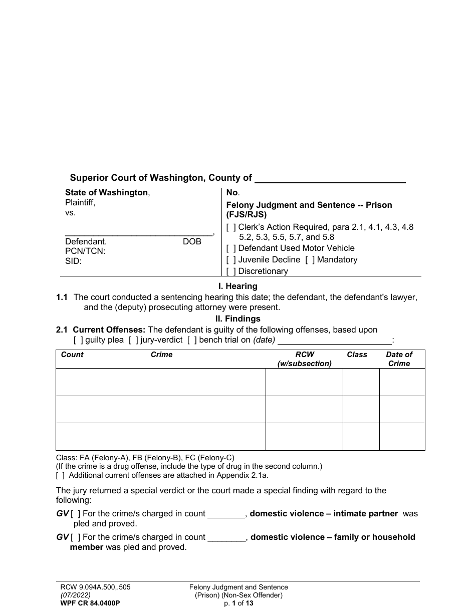 Form WPF CR84.0400 P Felony Judgment and Sentence - Prison (Non-sex Offense) - Washington, Page 1