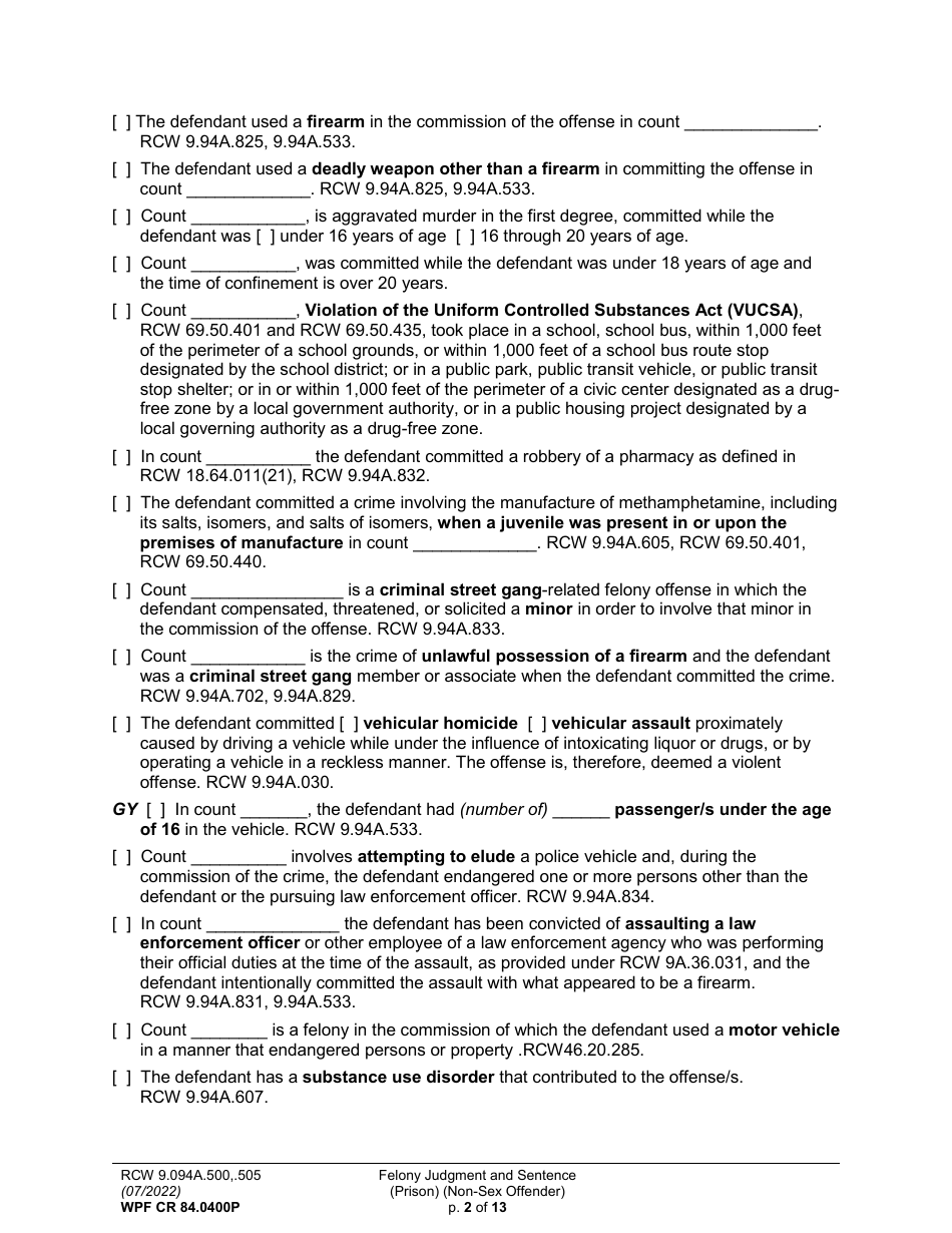Form WPF CR84.0400 P Felony Judgment and Sentence - Prison (Non-sex Offense) - Washington, Page 2
