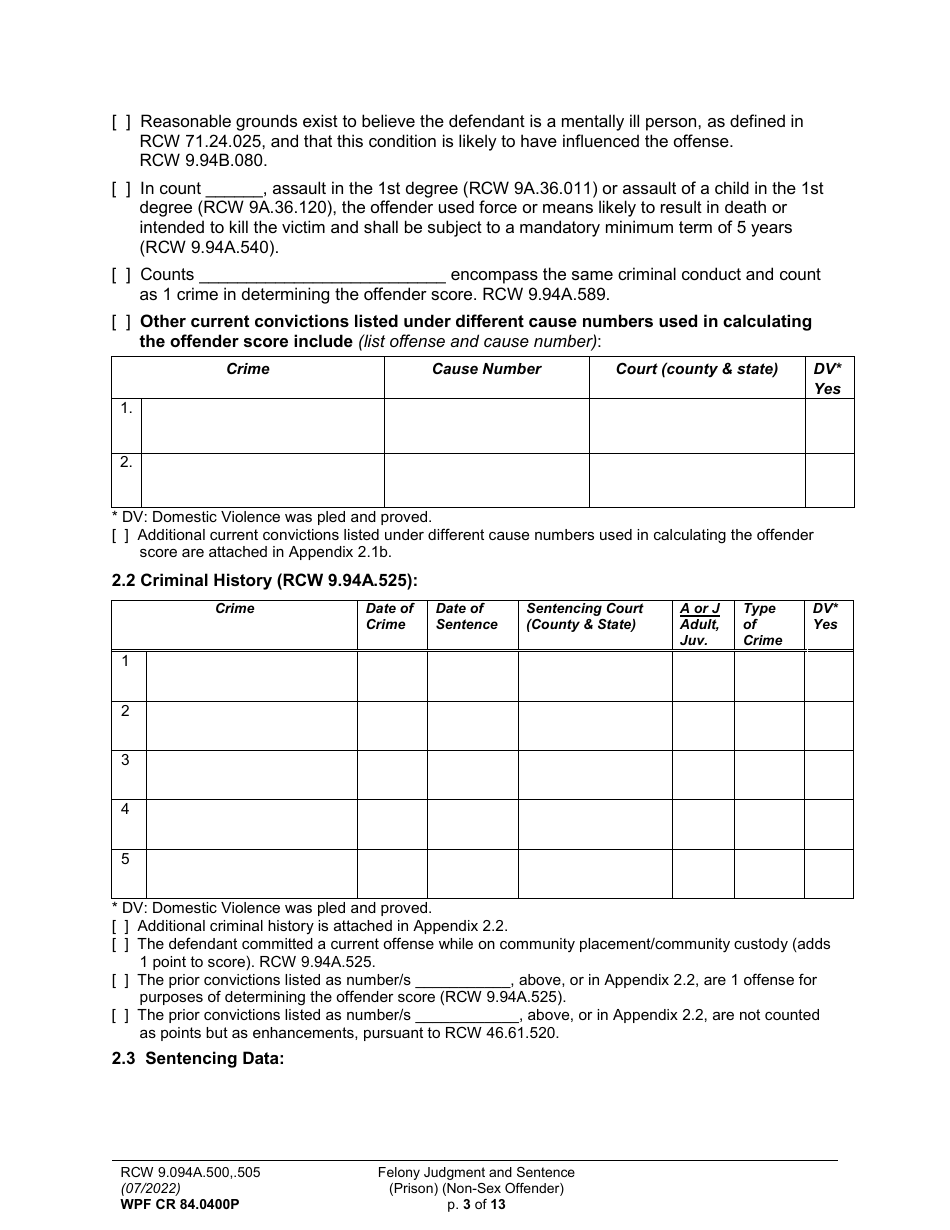 Form WPF CR84.0400 P Felony Judgment and Sentence - Prison (Non-sex Offense) - Washington, Page 3