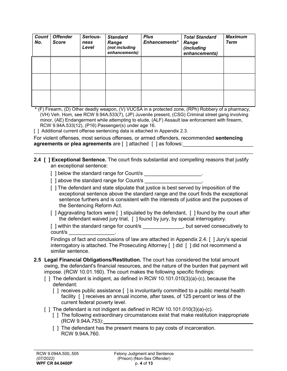 Form WPF CR84.0400 P Felony Judgment and Sentence - Prison (Non-sex Offense) - Washington, Page 4