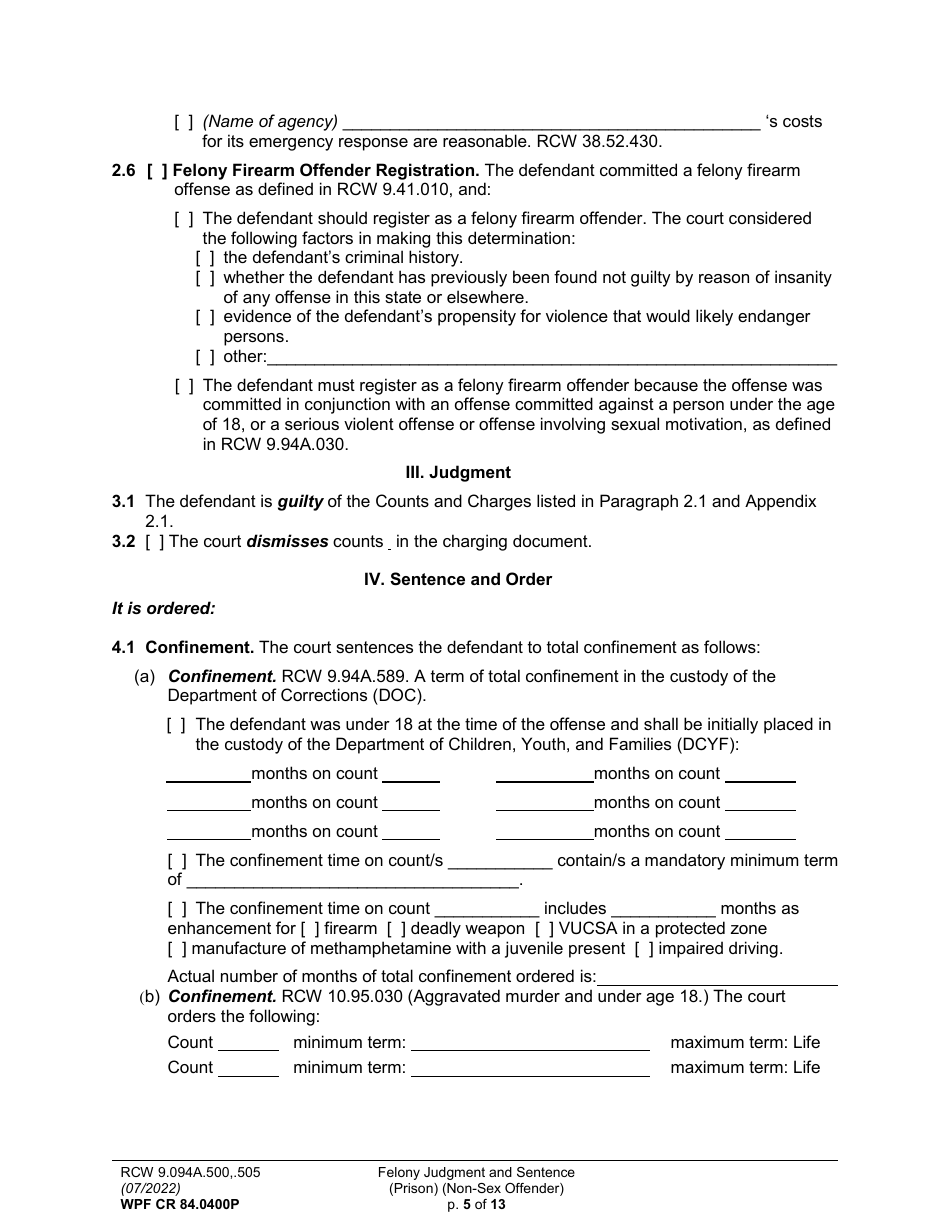 Form WPF CR84.0400 P Felony Judgment and Sentence - Prison (Non-sex Offense) - Washington, Page 5