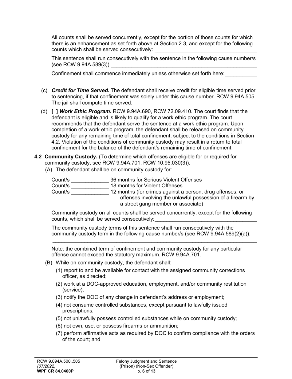 Form WPF CR84.0400 P Felony Judgment and Sentence - Prison (Non-sex Offense) - Washington, Page 6