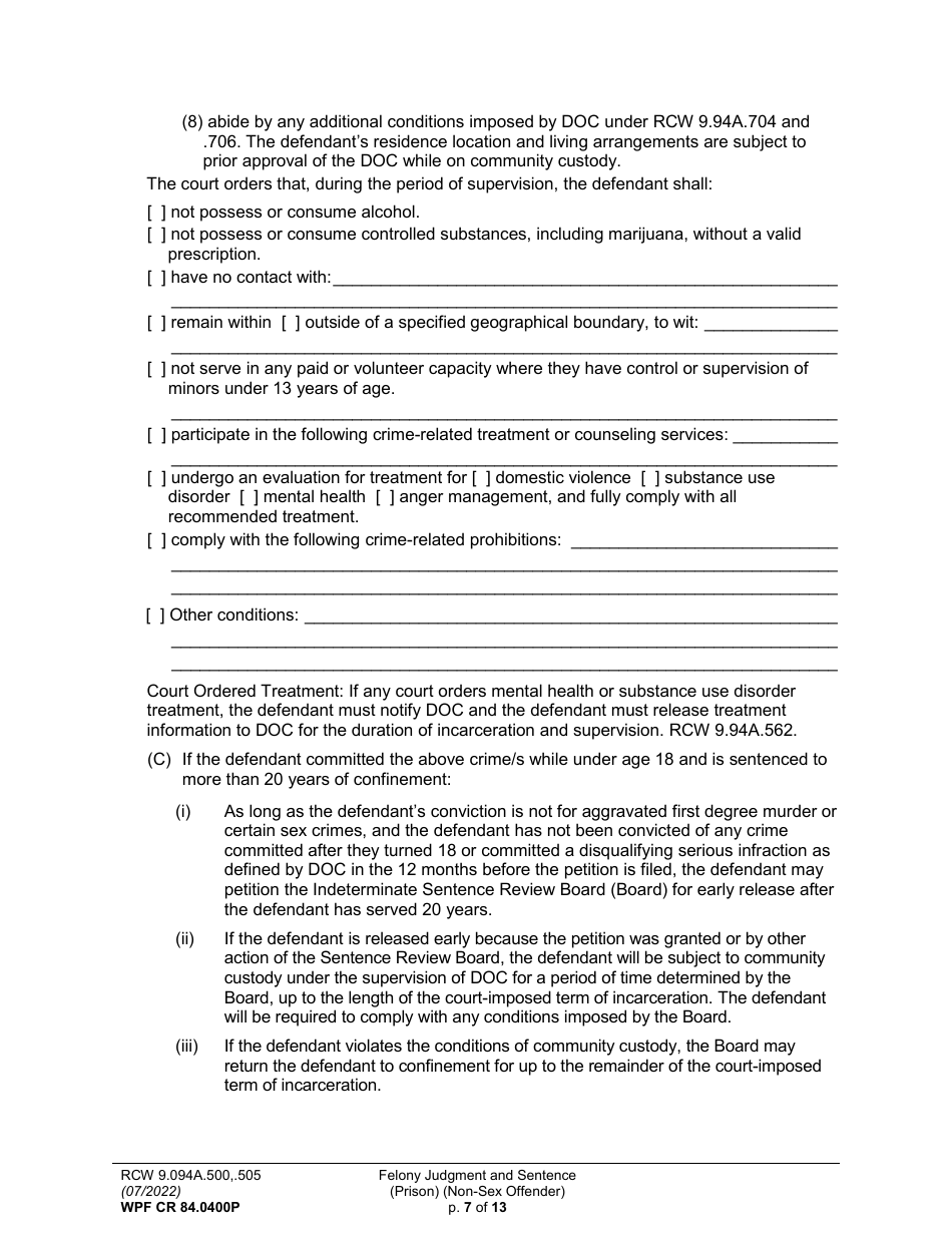 Form WPF CR84.0400 P Felony Judgment and Sentence - Prison (Non-sex Offense) - Washington, Page 7