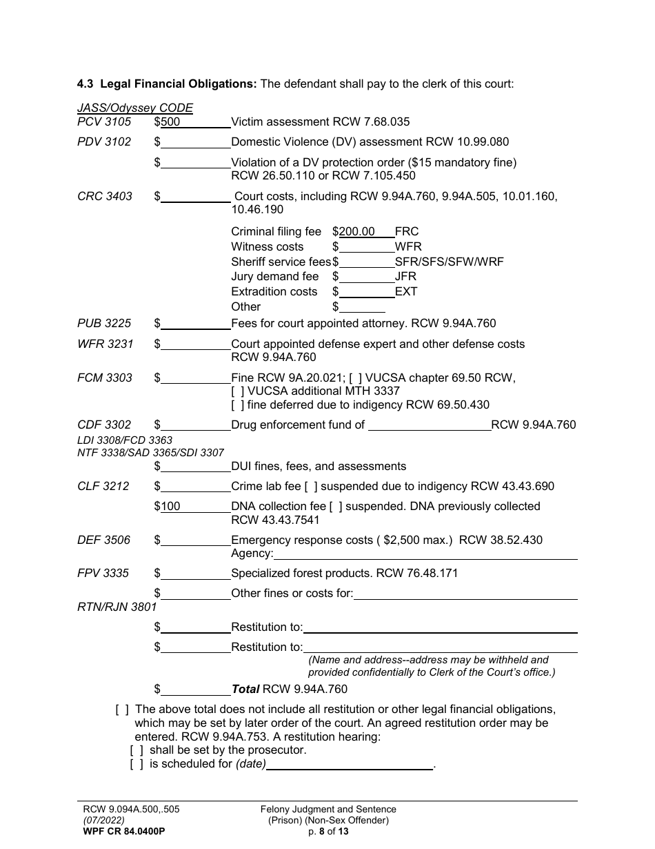 Form WPF CR84.0400 P Felony Judgment and Sentence - Prison (Non-sex Offense) - Washington, Page 8