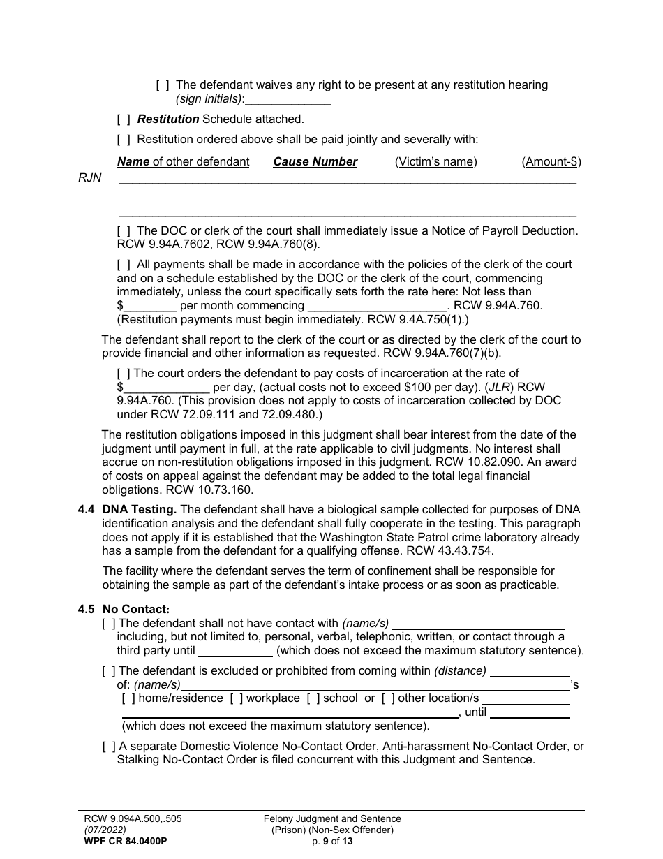 Form WPF CR84.0400 P Felony Judgment and Sentence - Prison (Non-sex Offense) - Washington, Page 9