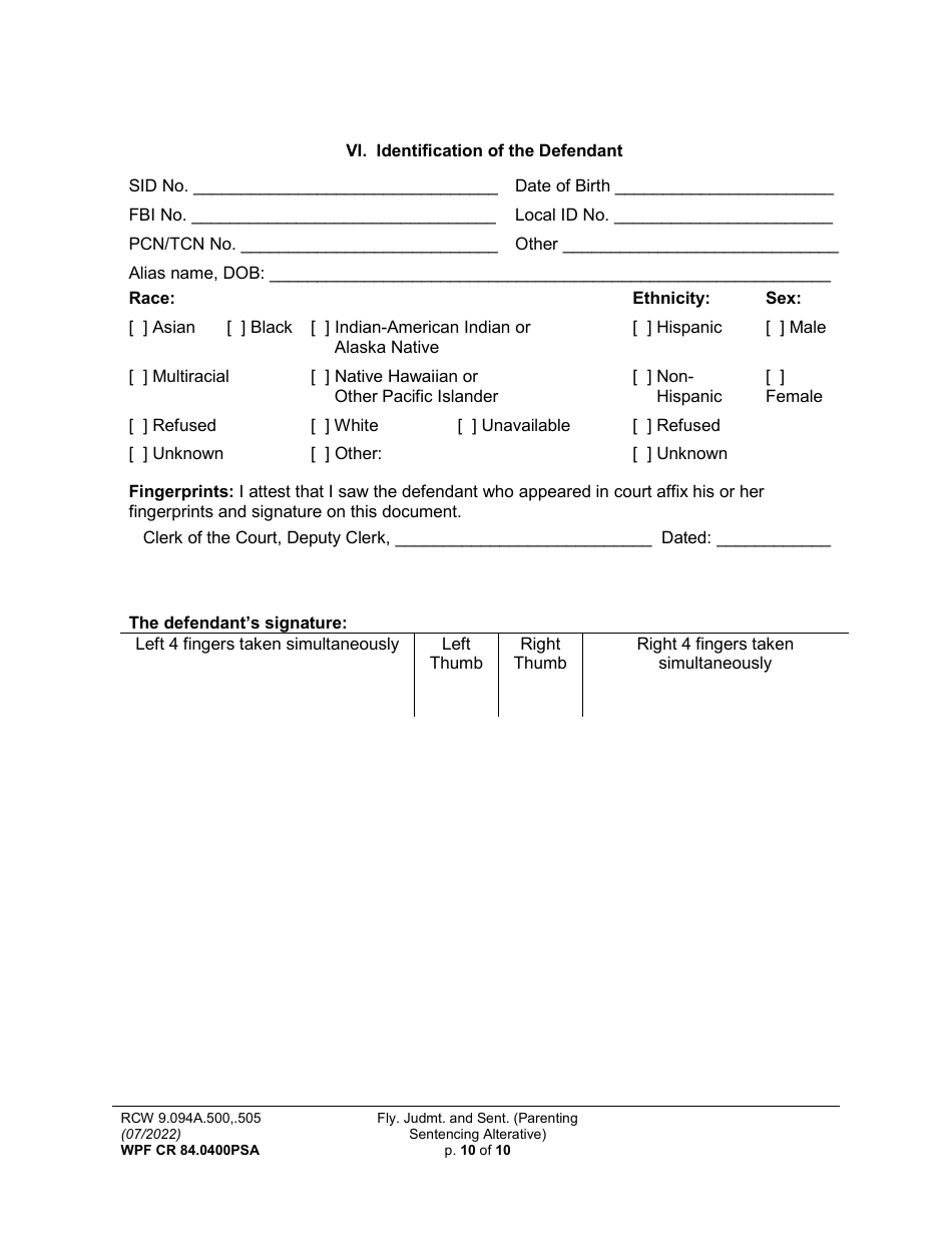 Form WPF CR84.0400 PSA Felony Judgment and Sentence - Parenting Sentencing Alternative (Fjs) - Washington, Page 10
