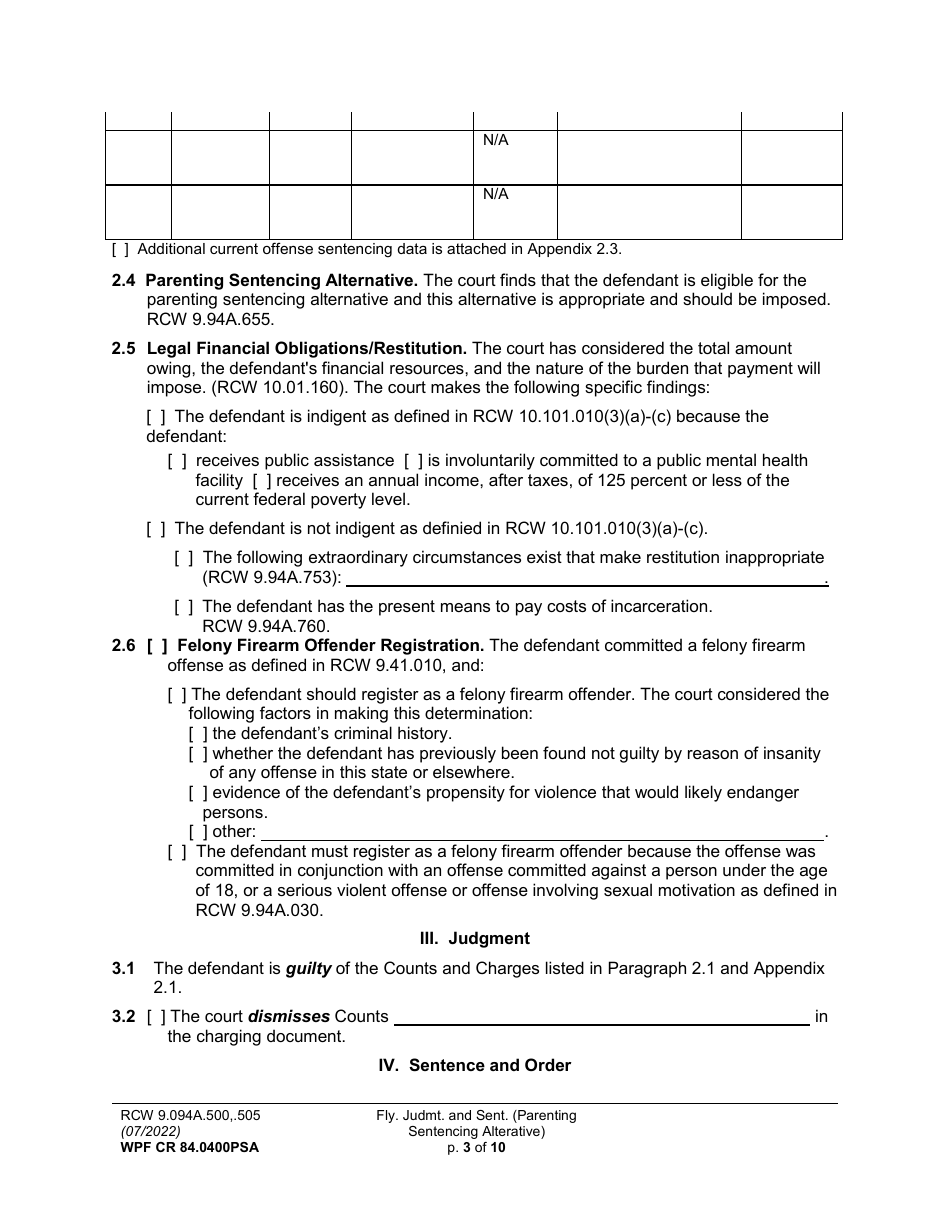 Form WPF CR84.0400 PSA Felony Judgment and Sentence - Parenting Sentencing Alternative (Fjs) - Washington, Page 3