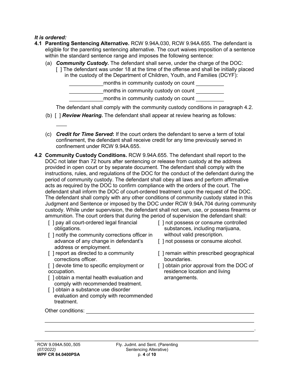 Form WPF CR84.0400 PSA Felony Judgment and Sentence - Parenting Sentencing Alternative (Fjs) - Washington, Page 4