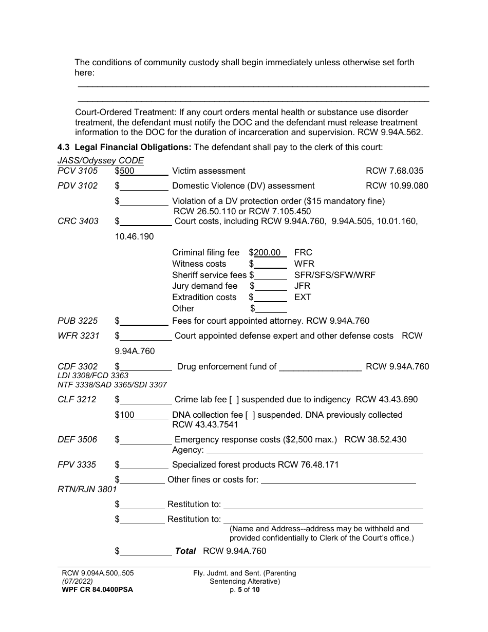 Form WPF CR84.0400 PSA Felony Judgment and Sentence - Parenting Sentencing Alternative (Fjs) - Washington, Page 5