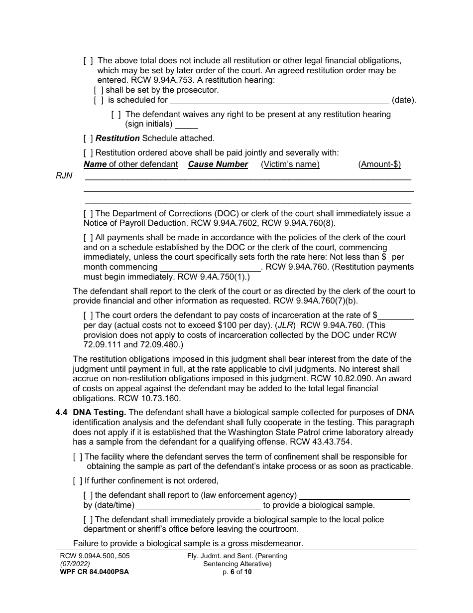 Form WPF CR84.0400 PSA Felony Judgment and Sentence - Parenting Sentencing Alternative (Fjs) - Washington, Page 6