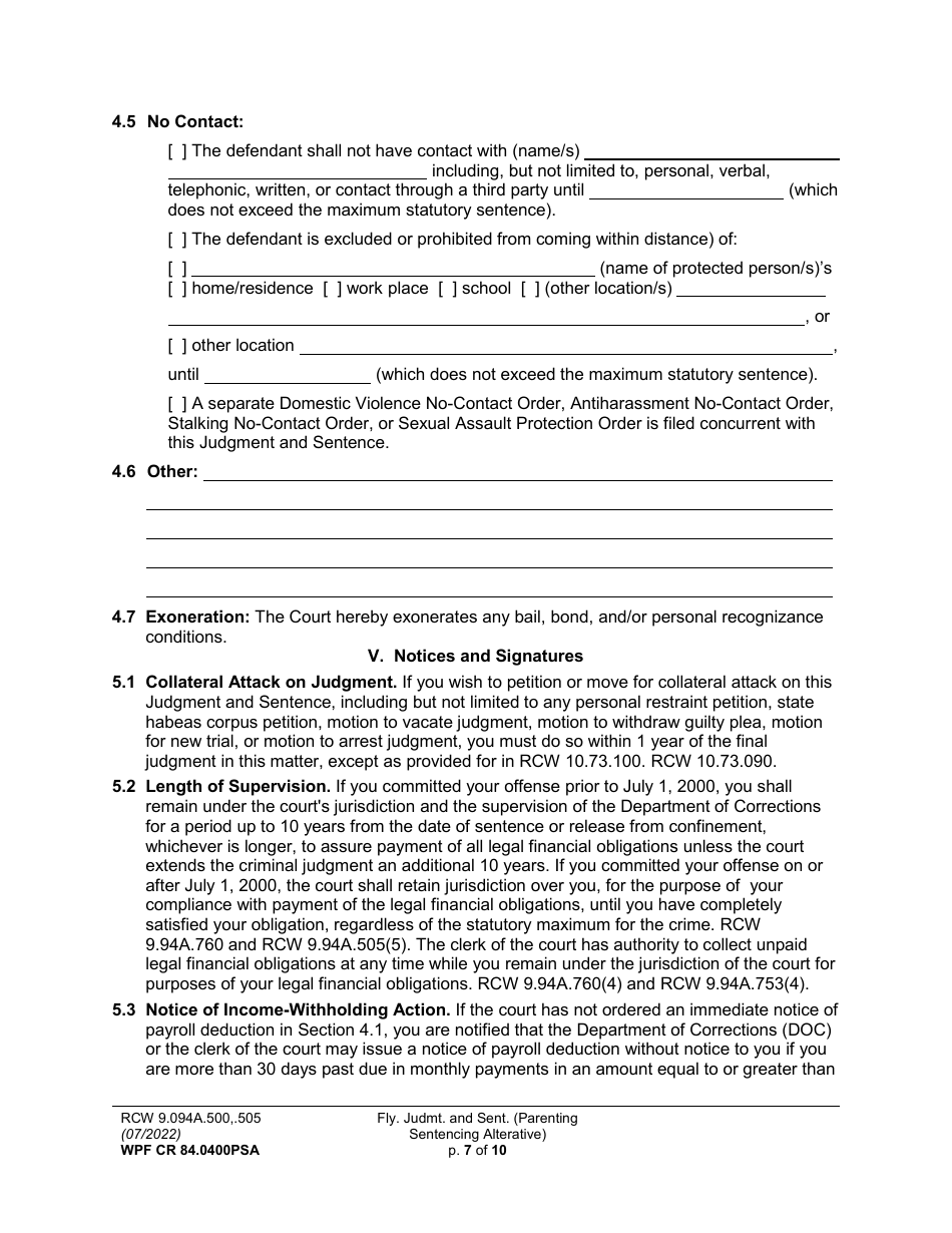 Form WPF CR84.0400 PSA Felony Judgment and Sentence - Parenting Sentencing Alternative (Fjs) - Washington, Page 7