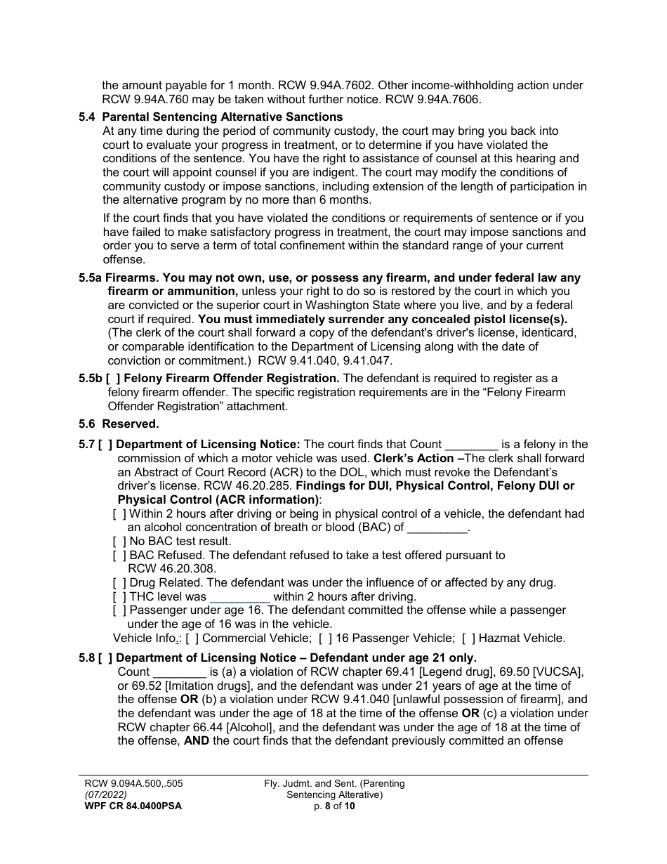 Form WPF CR84.0400 PSA Felony Judgment and Sentence - Parenting Sentencing Alternative (Fjs) - Washington, Page 8