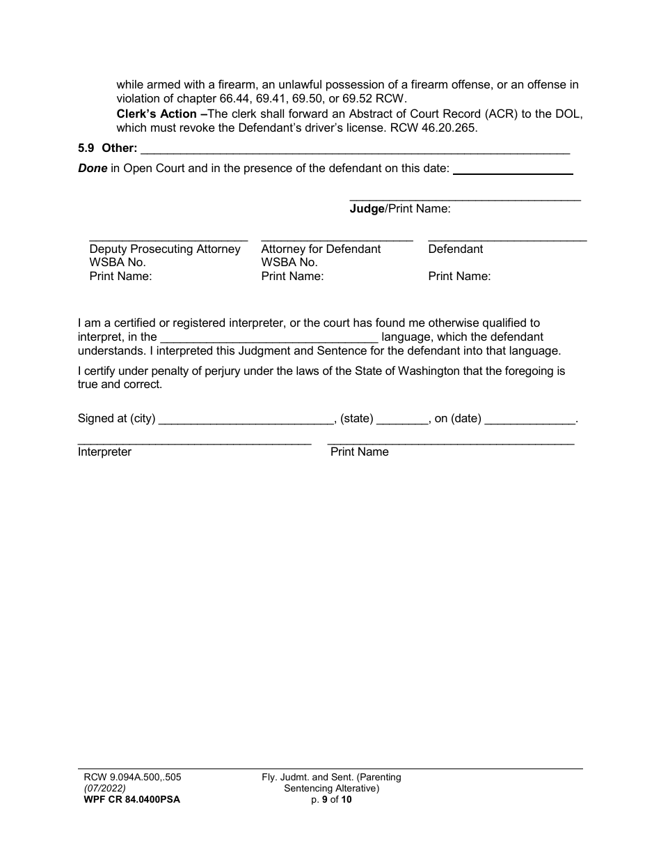 Form WPF CR84.0400 PSA Felony Judgment and Sentence - Parenting Sentencing Alternative (Fjs) - Washington, Page 9