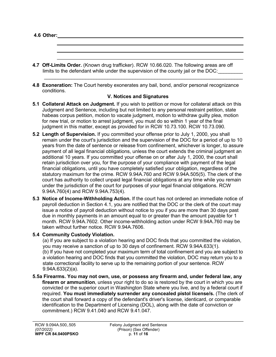 Form WPF CR84.0400 PSKO Felony Judgment and Sentence - Prison (Sex Offense and Kidnapping of a Minor) - Washington, Page 11