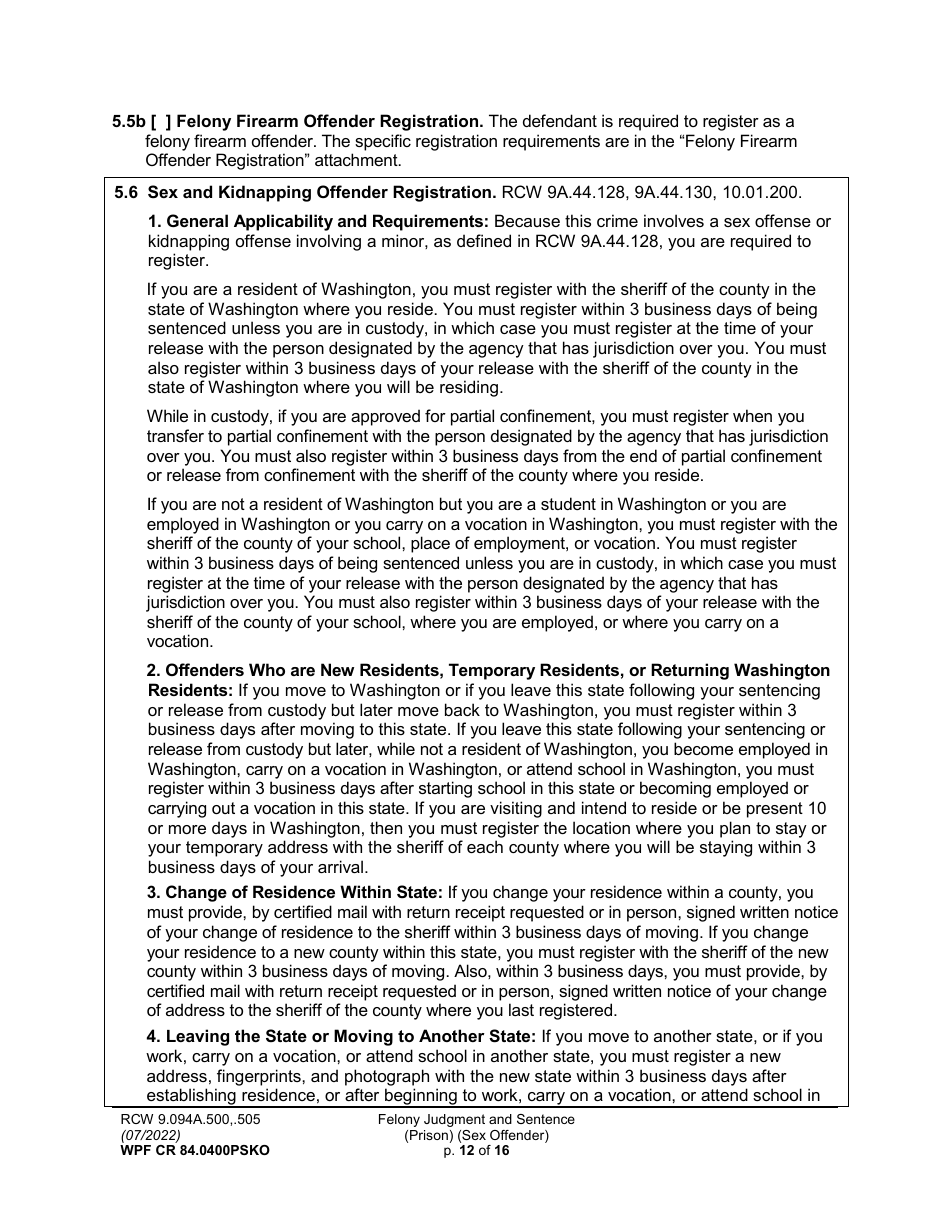 Form WPF CR84.0400 PSKO Felony Judgment and Sentence - Prison (Sex Offense and Kidnapping of a Minor) - Washington, Page 12