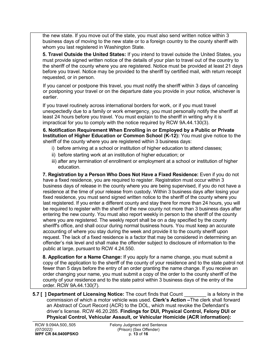Form WPF CR84.0400 PSKO Felony Judgment and Sentence - Prison (Sex Offense and Kidnapping of a Minor) - Washington, Page 13