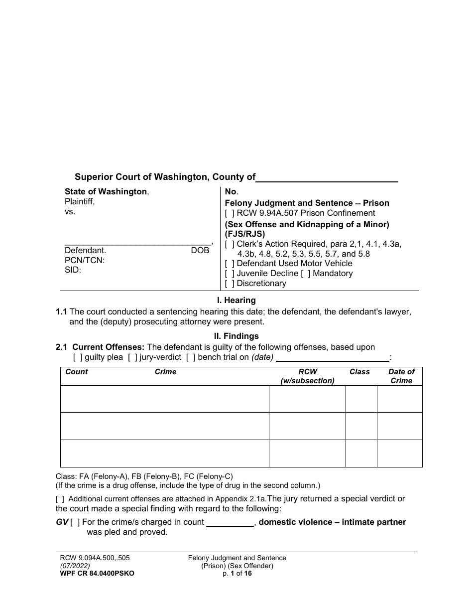 Form WPF CR84.0400 PSKO Felony Judgment and Sentence - Prison (Sex Offense and Kidnapping of a Minor) - Washington, Page 1