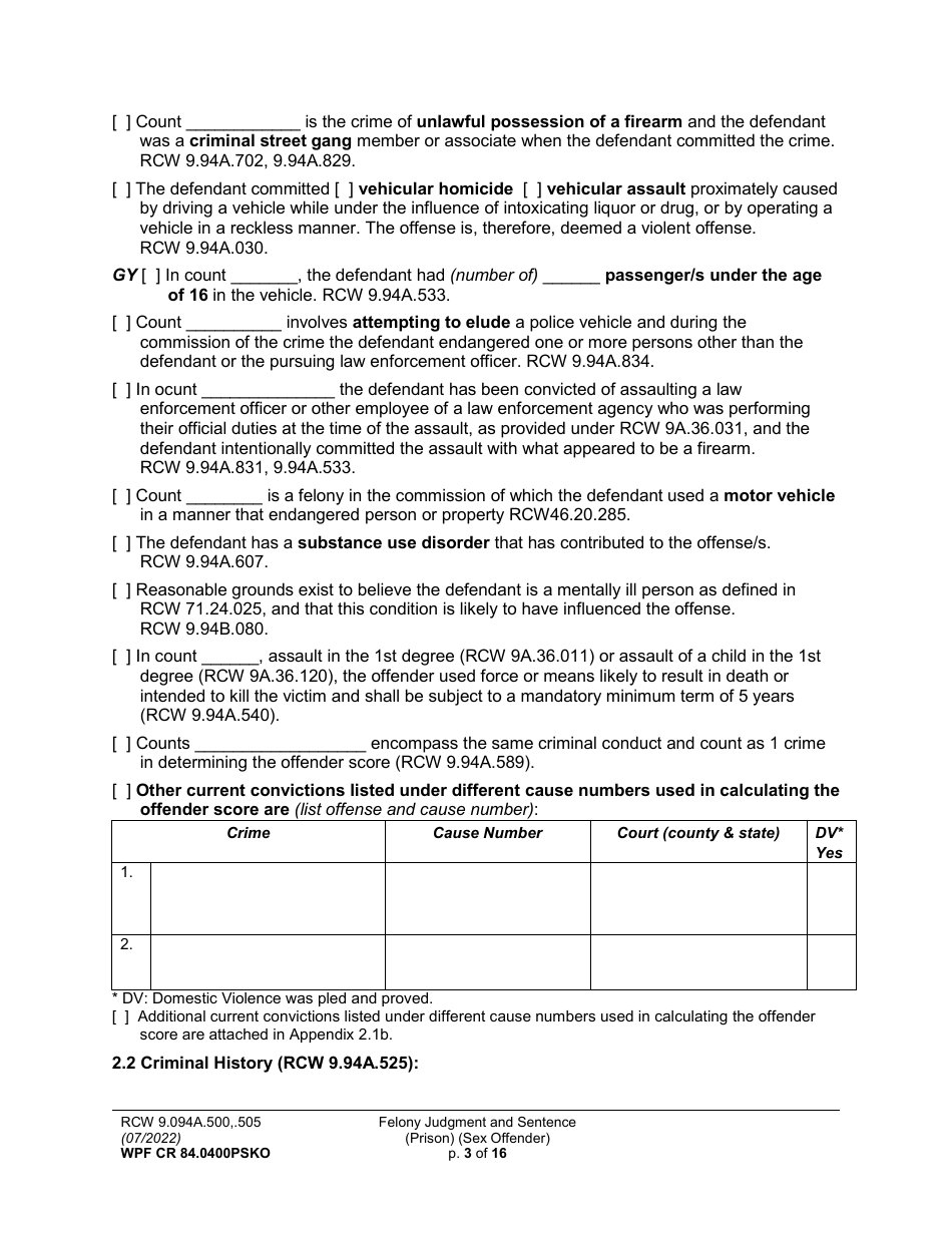 Form WPF CR84.0400 PSKO Felony Judgment and Sentence - Prison (Sex Offense and Kidnapping of a Minor) - Washington, Page 3