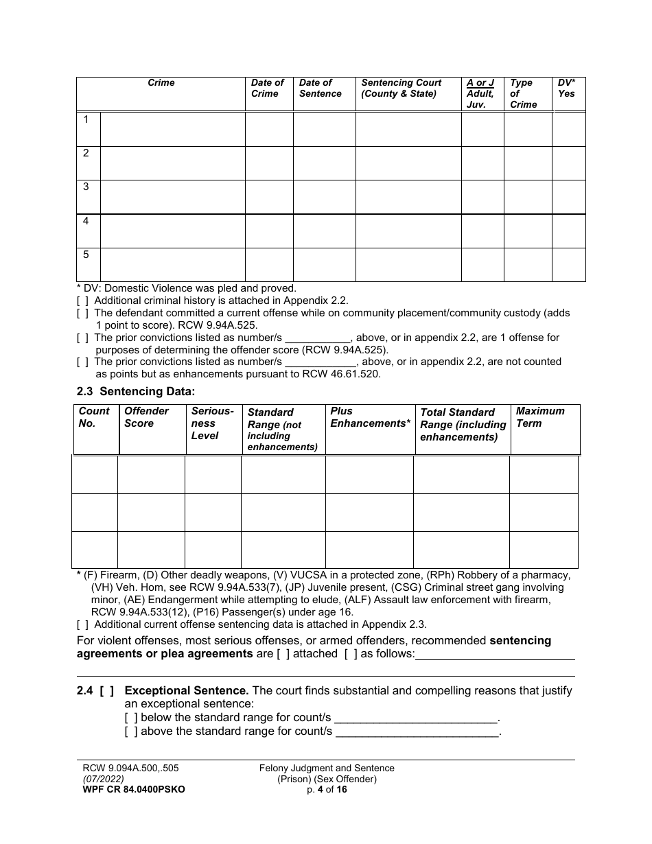 Form WPF CR84.0400 PSKO Felony Judgment and Sentence - Prison (Sex Offense and Kidnapping of a Minor) - Washington, Page 4