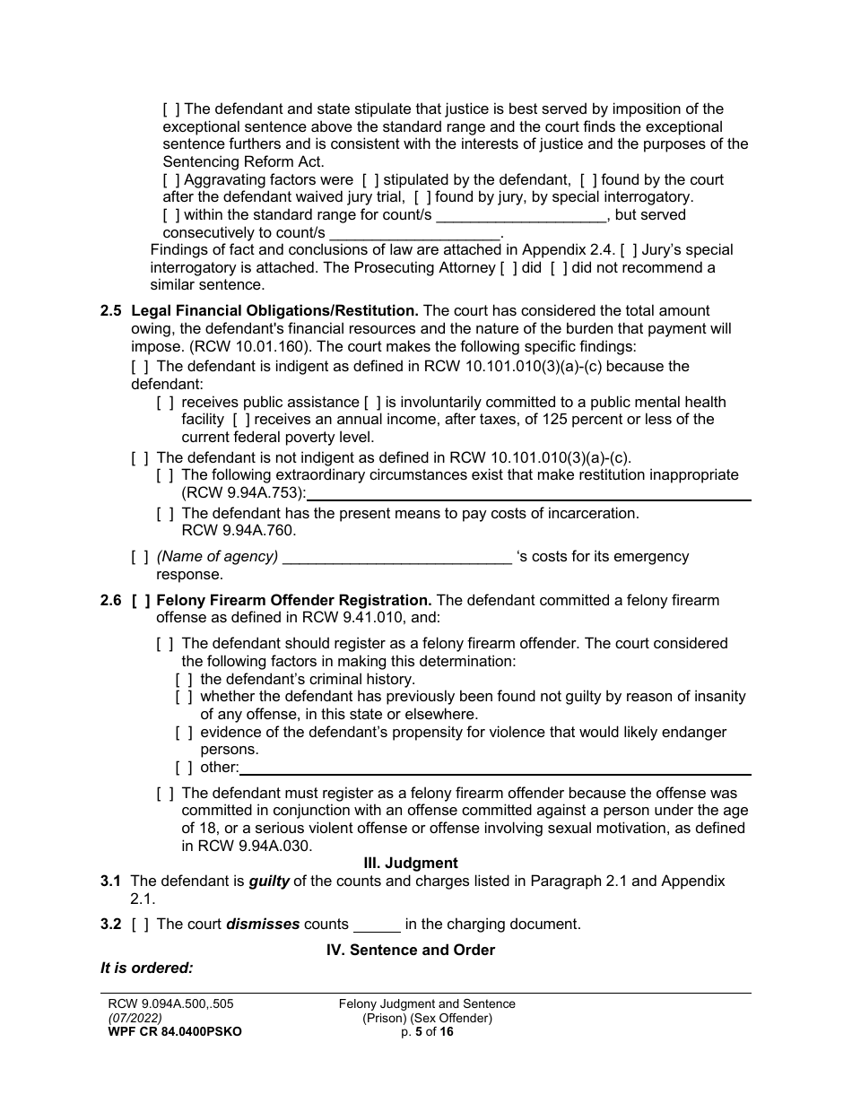 Form WPF CR84.0400 PSKO Felony Judgment and Sentence - Prison (Sex Offense and Kidnapping of a Minor) - Washington, Page 5
