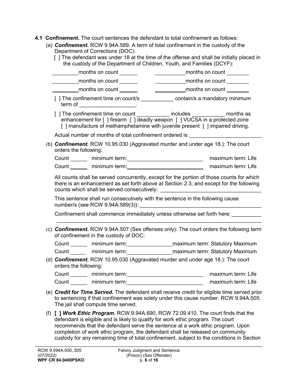 Form WPF CR84.0400 PSKO Felony Judgment and Sentence - Prison (Sex Offense and Kidnapping of a Minor) - Washington, Page 6