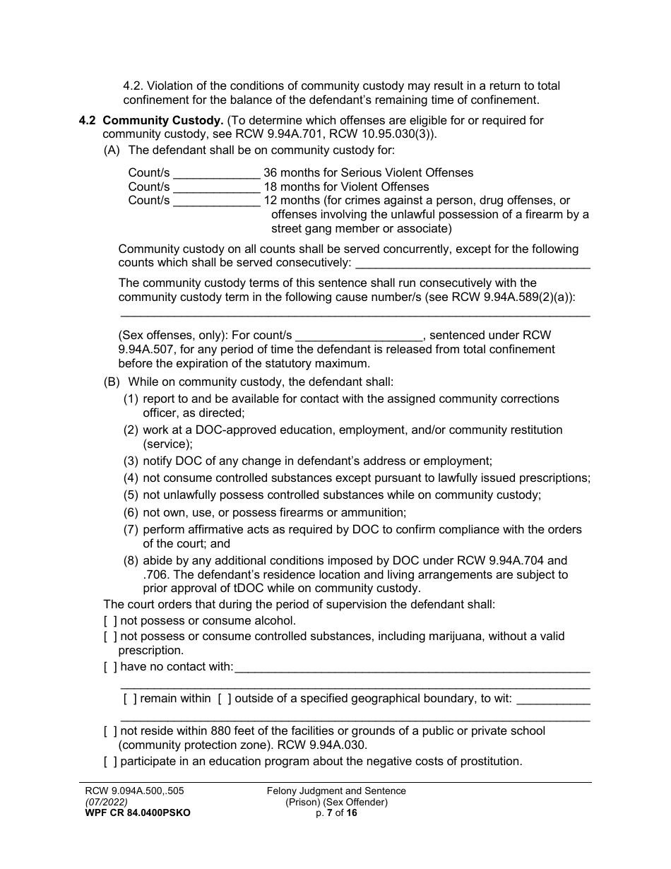 Form WPF CR84.0400 PSKO Felony Judgment and Sentence - Prison (Sex Offense and Kidnapping of a Minor) - Washington, Page 7