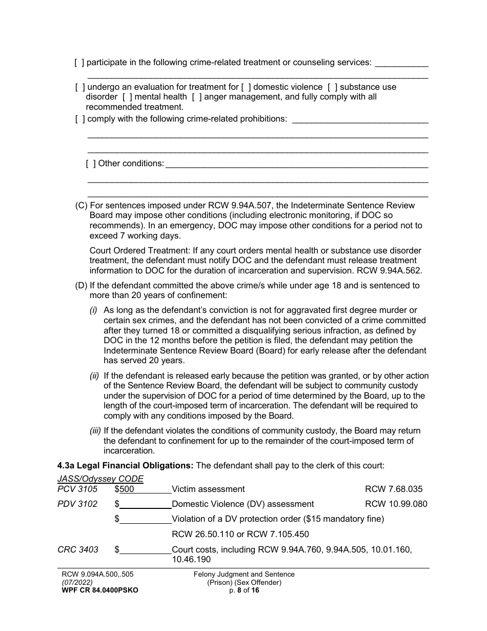 Form WPF CR84.0400 PSKO Felony Judgment and Sentence - Prison (Sex Offense and Kidnapping of a Minor) - Washington, Page 8