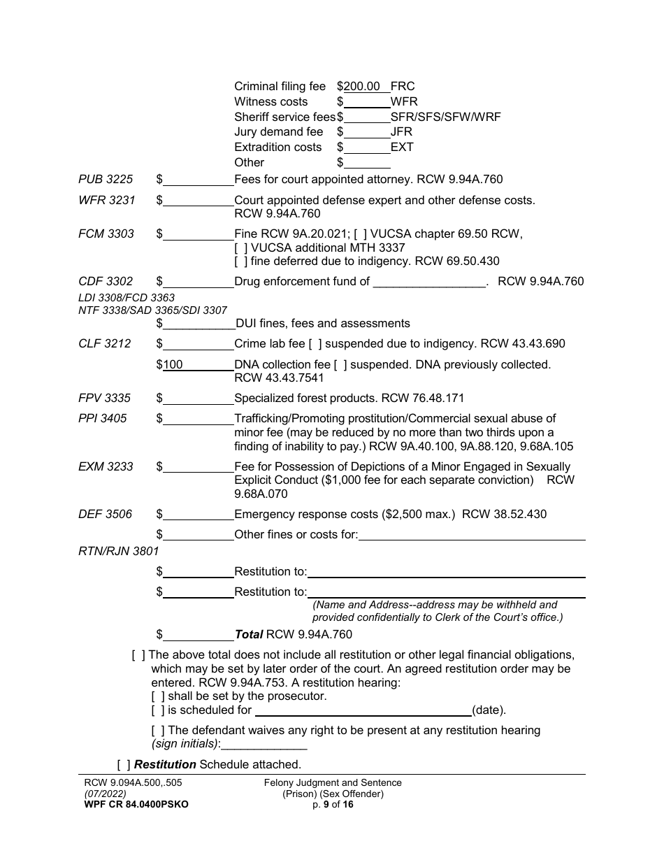 Form WPF CR84.0400 PSKO Felony Judgment and Sentence - Prison (Sex Offense and Kidnapping of a Minor) - Washington, Page 9