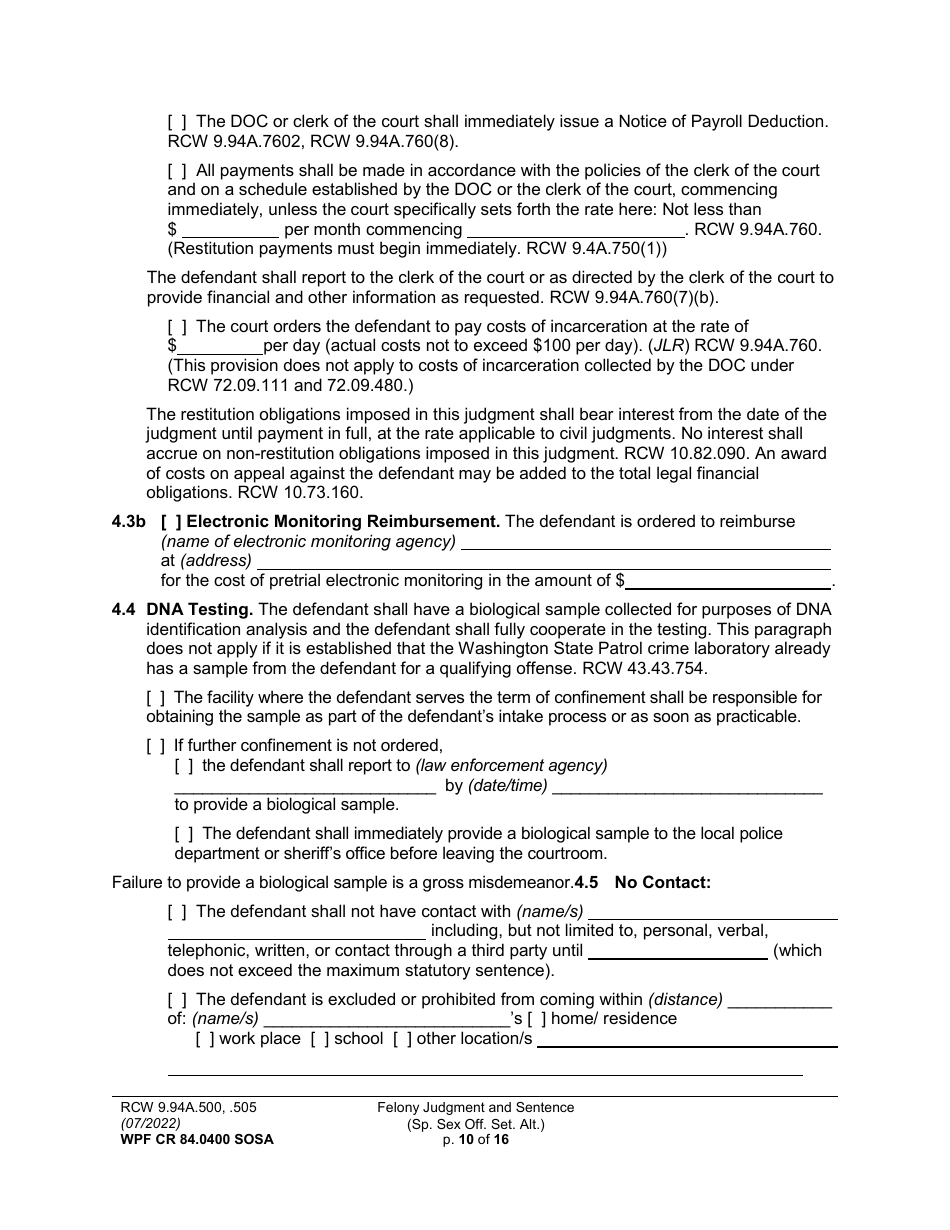 Form WPF CR84.0400 SOSA Felony Judgment and Sentence - Special Sex Offender Sentencing Alternative - Washington, Page 10