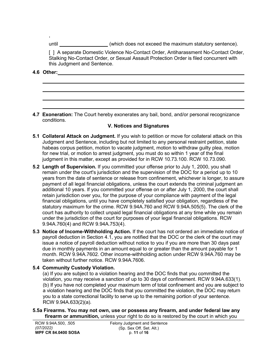 Form WPF CR84.0400 SOSA Felony Judgment and Sentence - Special Sex Offender Sentencing Alternative - Washington, Page 11
